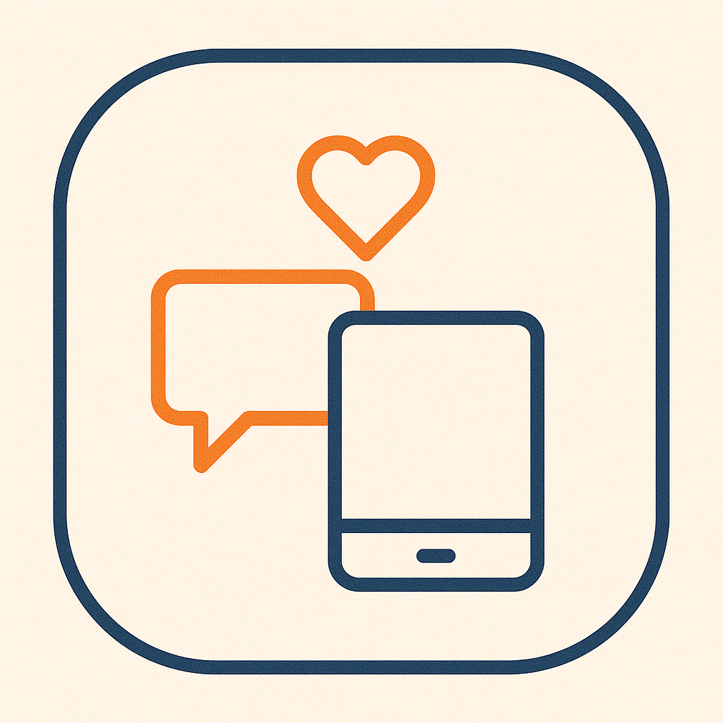 Icon of a smartphone with a heart and speech bubble on a beige background